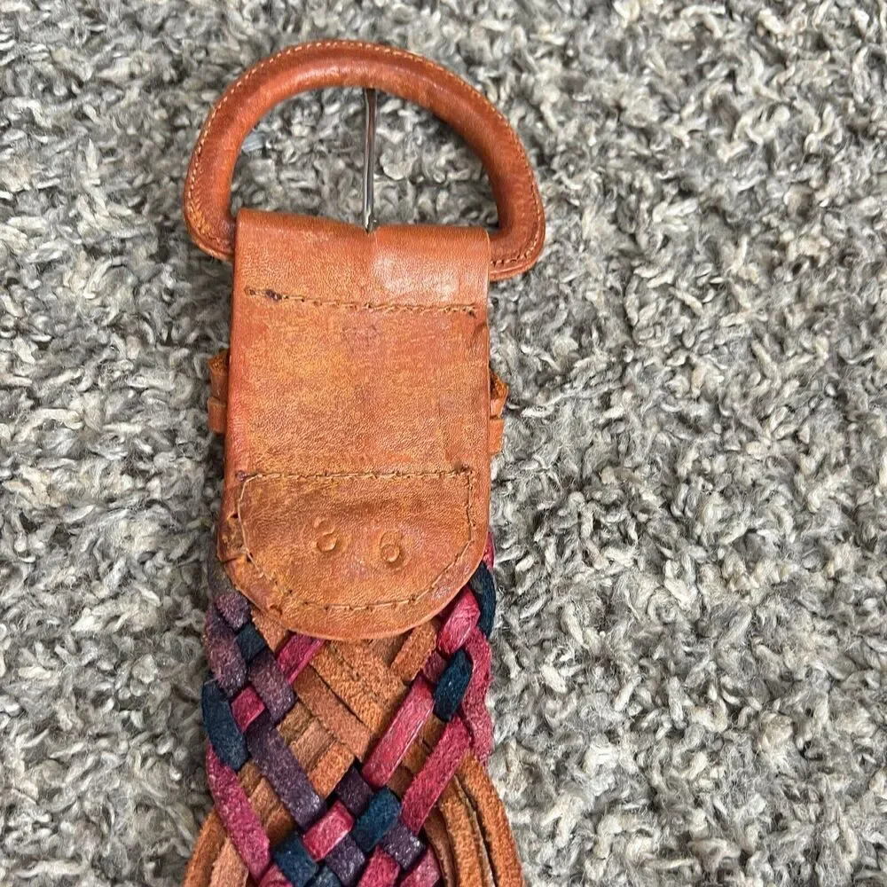 VTG Wide Weaved Braided Leather Waist Belt Size 36 Brown Boho Bohemian Classic